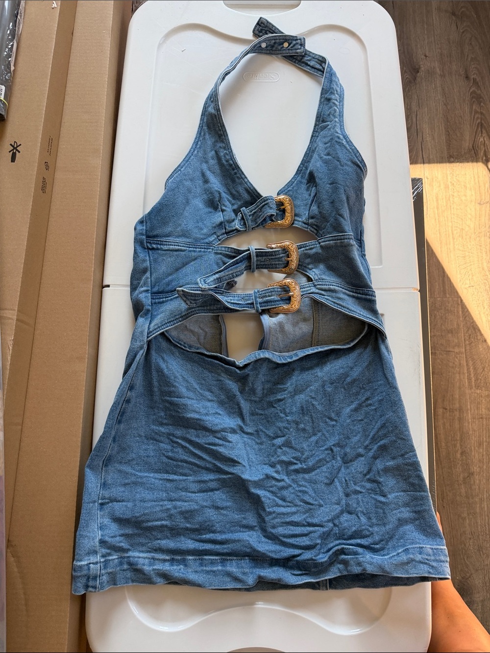 Commense Denim Halter Mini Dress with Buckle Cutouts - Blue
